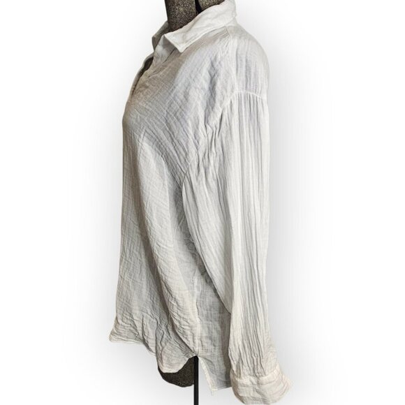 Crinkle Gauze Button-Down Boyfriend Shirt L - Picture 6 of 7